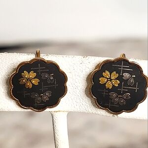 1960's Damascene Goldplated Srew back Floral Earrings